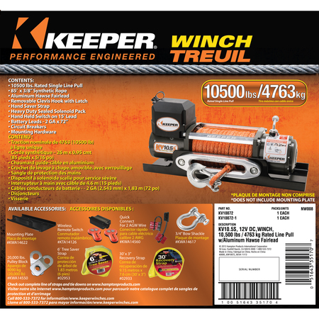 KEEPER Value Winch, 12V DC 10,500lbs W/Integ.Sealed Solenoids, Synthc Rope KV10072